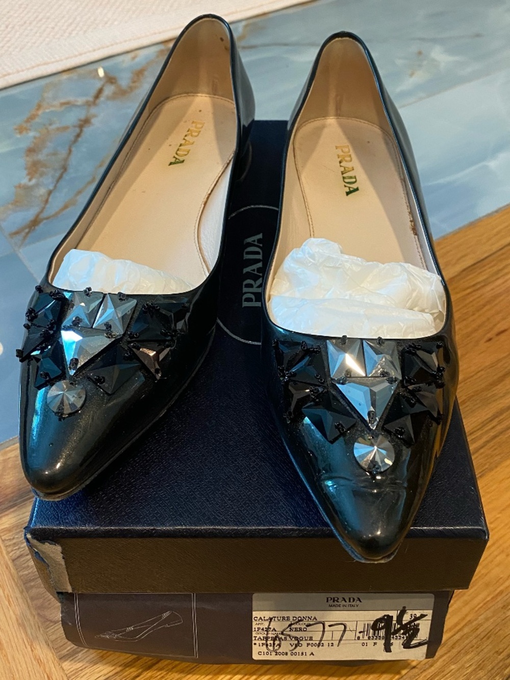 Prada Jeweled Pointy toe Flats, 39.5
